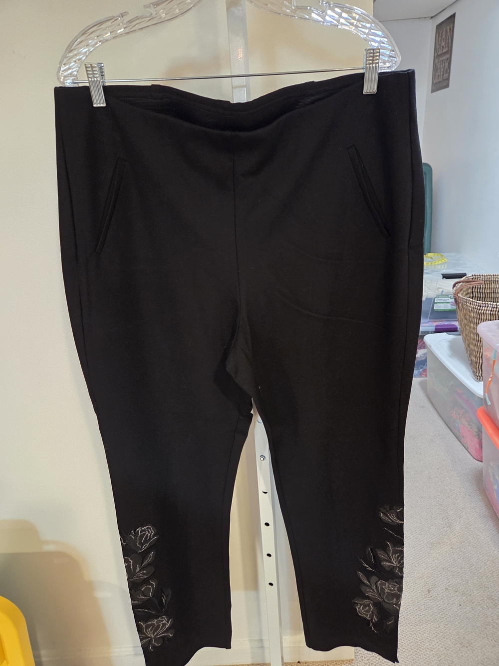 Chico's Black Pull-On Ankle Pants with Floral Hem Detail